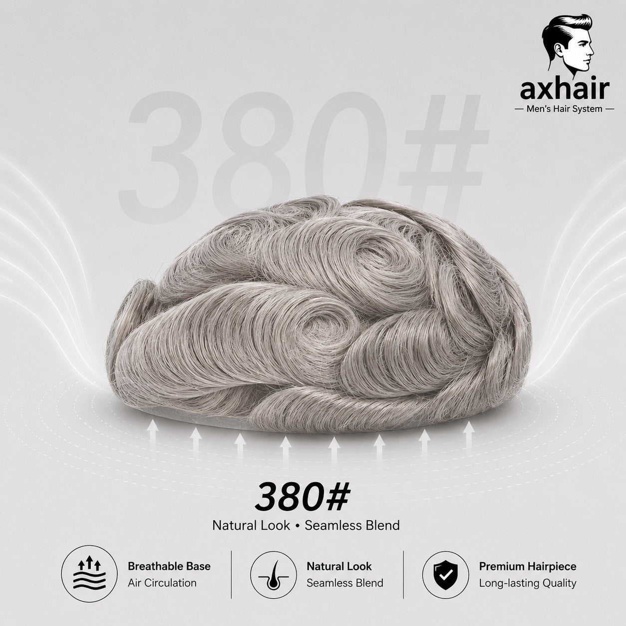Men’s thin skin base toupee, silver-gray wavy hair with full rounded volume (#380)
